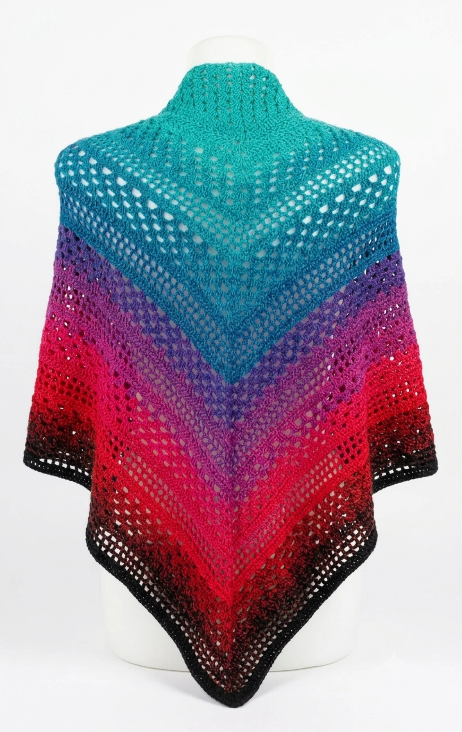 Large Handmade Crochet Shawl - Beautiful Turquoise, Purple, Red & Black Gradient – photo 3